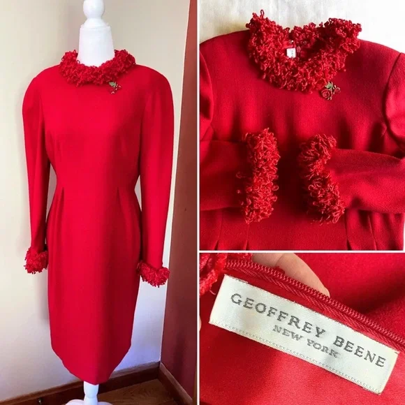 Vintage 1980s 1990s Geoffrey Beene Red Dress w Chenile fringe collar sleeve hems - Picture 1 of 10